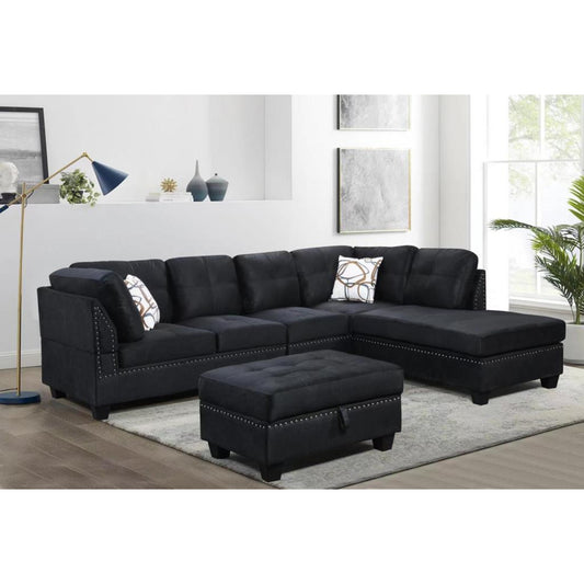 Snow Black Suede Sectional With Ottoman