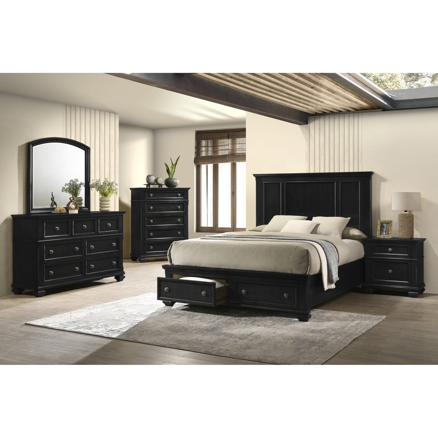 Victoria King 6pc Bedroom Set - B7079 -  Black / White / Antique White / Brown / Grey