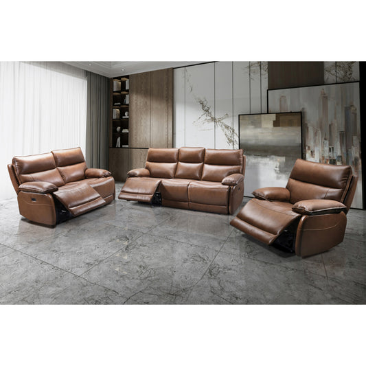 3pc Cognac Power Recliner Set (100% Genuine Leather)  T-1117