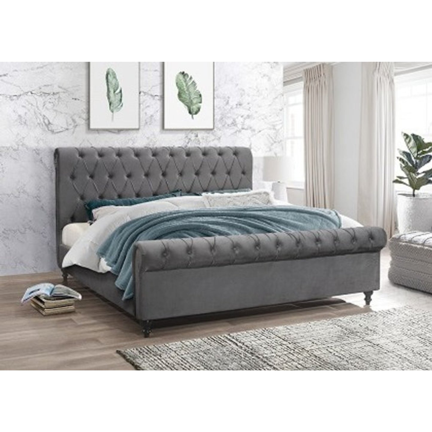 Grey Velvet Fabric Platform Bed IF 199