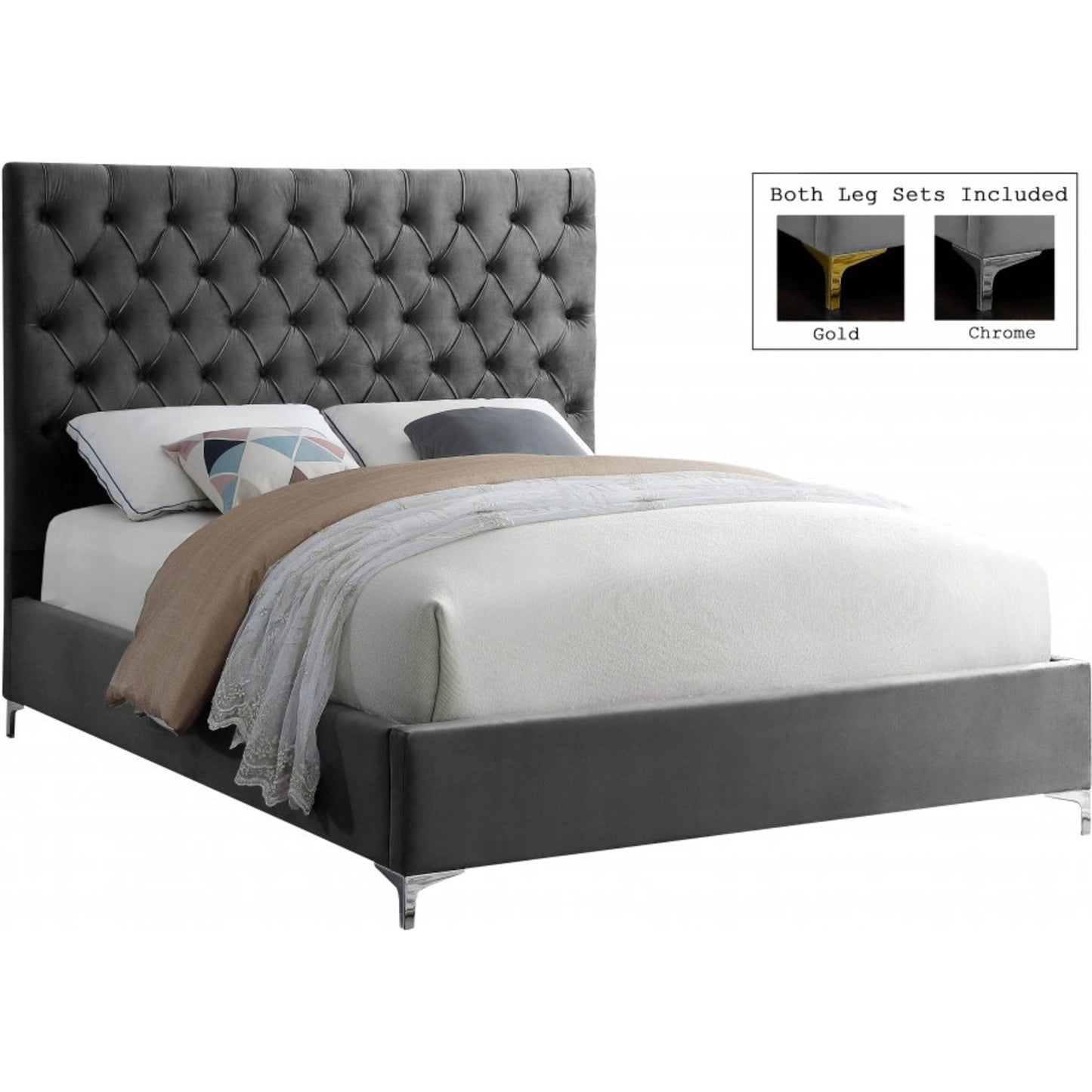 King Velvet Platform Bed IF 5640 - Black / Grey / Creme