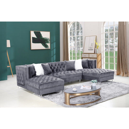 Grey/Blue/Black Velvet Sofa Sectional With 2 Chaises