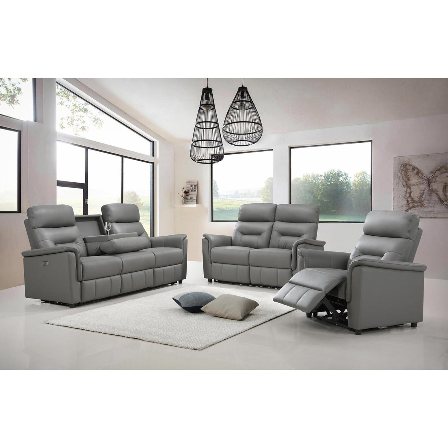 Titan 3pc Black Power Recliner Set IF 8140  (Leather Match) - Light Grey / Espresso