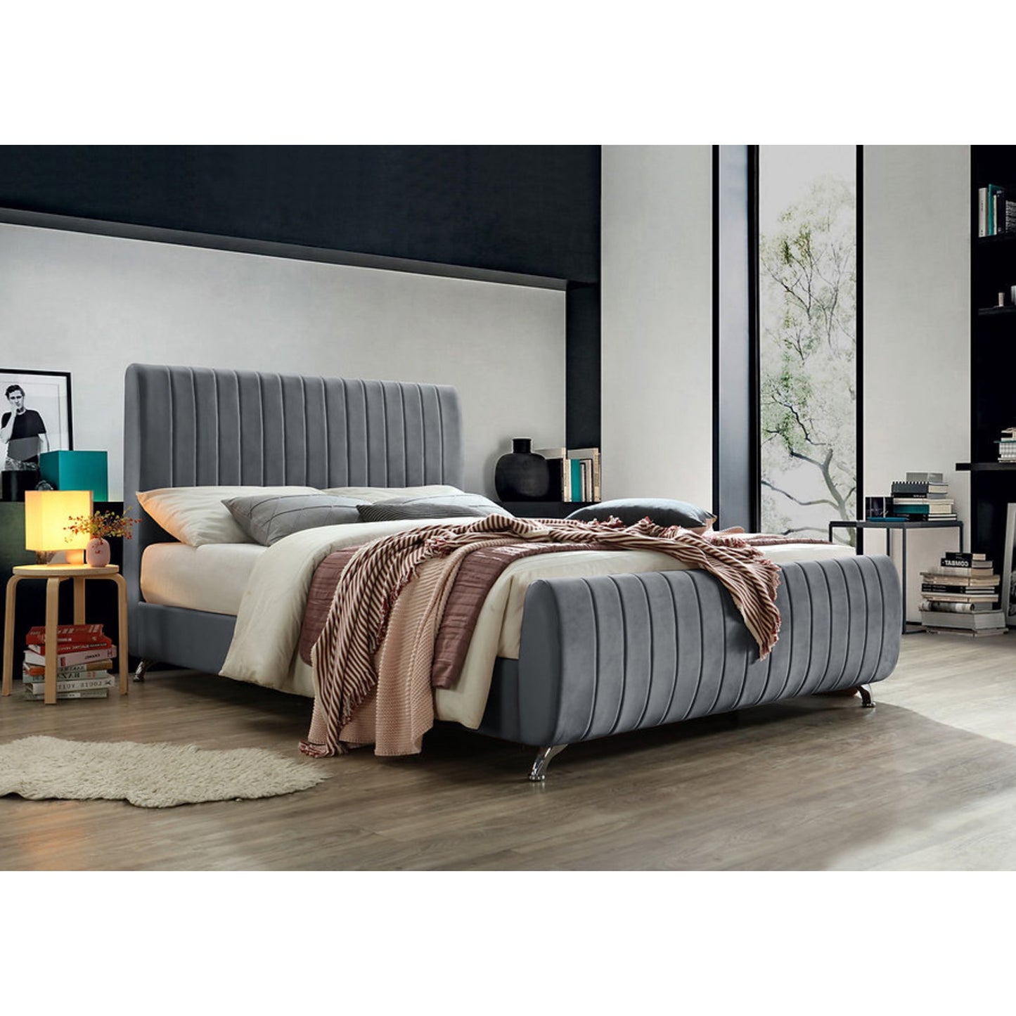 Grey Velvet Platform Bed IF 5675