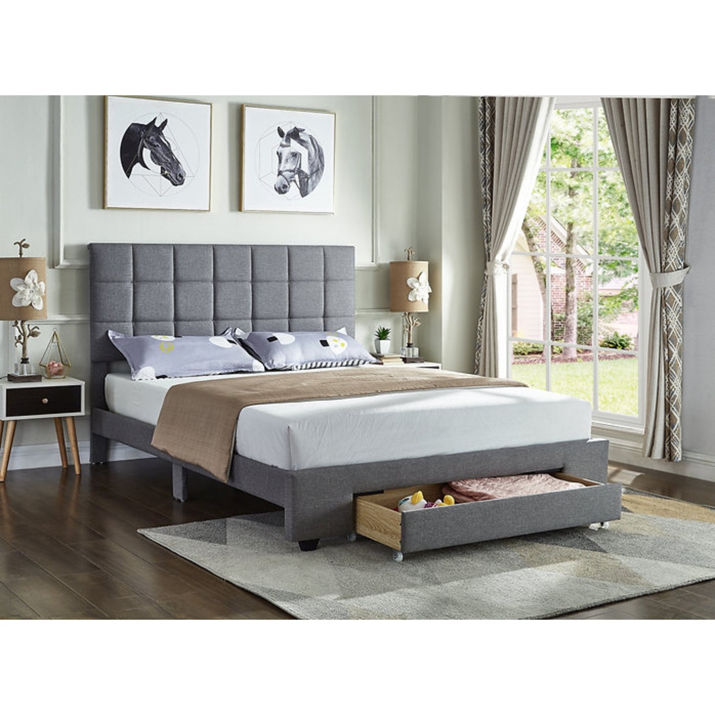 Queen Storage Platform Bed IF 5490 - Black PU / Grey Fabric
