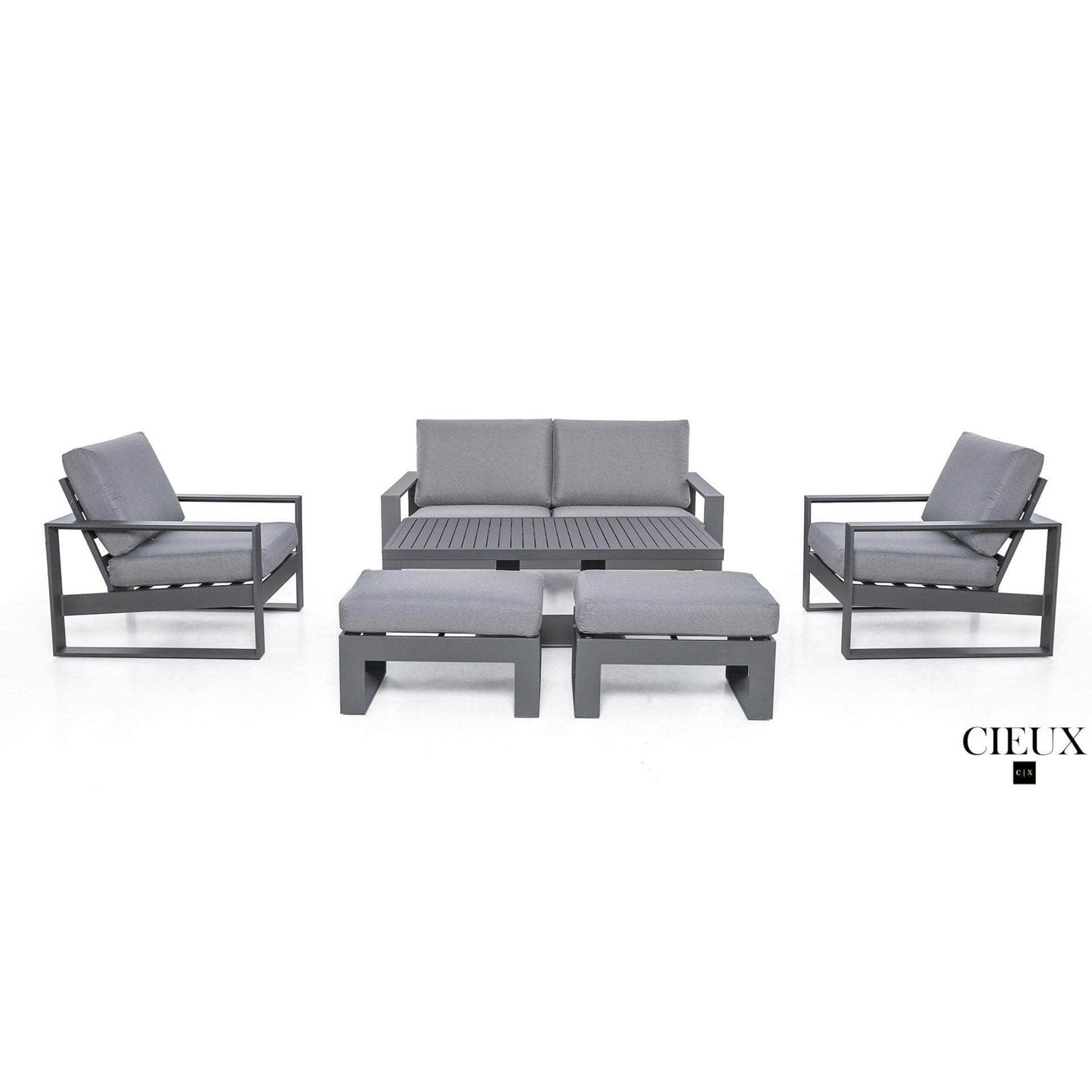 Versailles Outdoor Patio Aluminum Metal Loveseat Conversation Set with 2 Ottomans in Grey