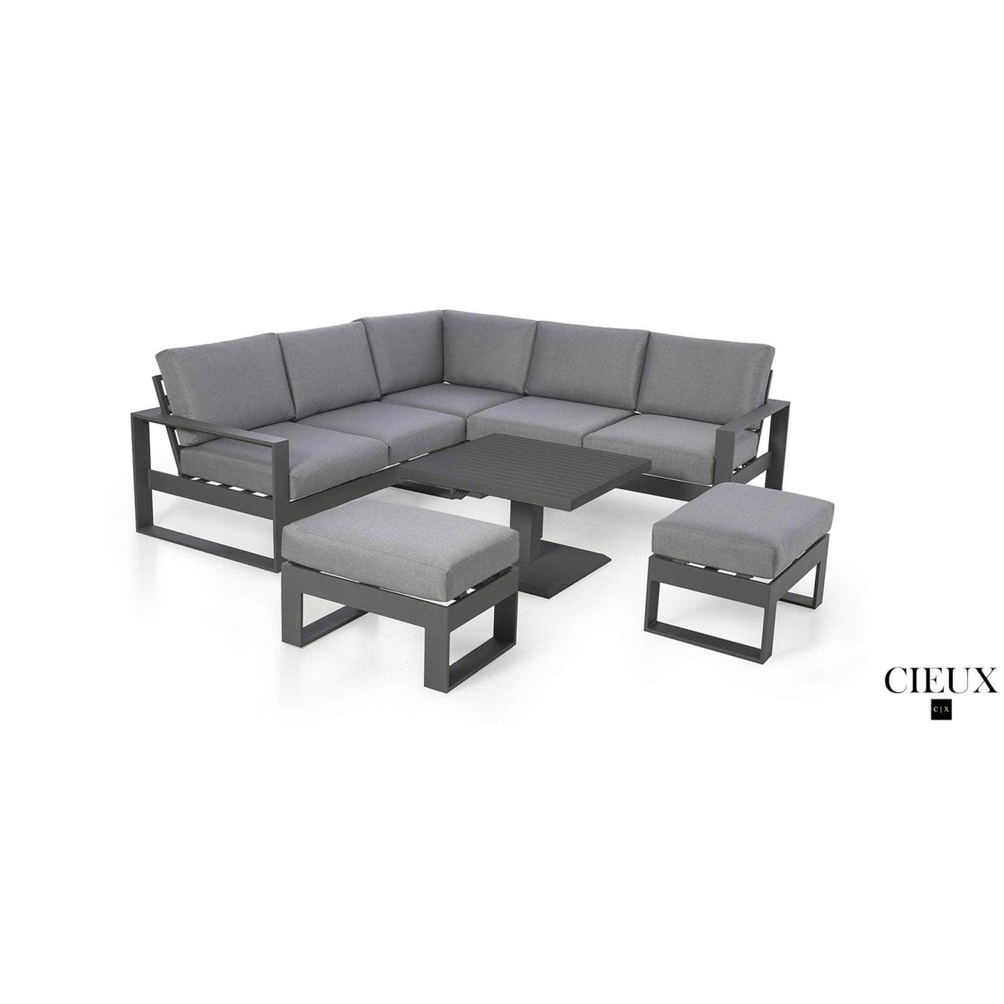 Versailles Outdoor Patio Aluminum Metal Corner Sectional Sofa Set with 2 Ottomans and Coffee Table in Grey