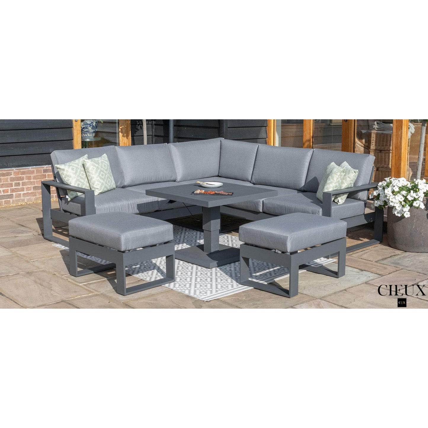 Versailles Outdoor Patio Aluminum Metal Corner Sectional Sofa Set with 2 Ottomans and Coffee Table in Grey