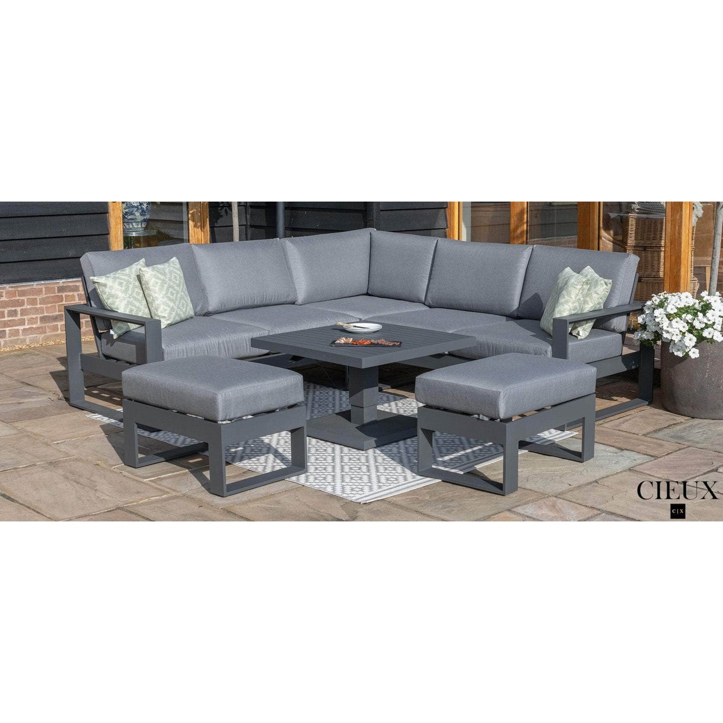 Versailles Outdoor Patio Aluminum Metal Corner Sectional Sofa Set with 2 Ottomans and Coffee Table in Grey