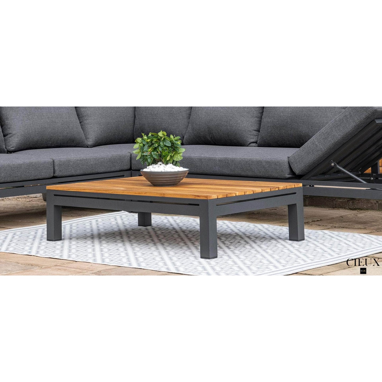 Bordeaux Outdoor Patio Aluminum Metal Coffee Table with Acacia Wooden Top in Grey and Natural