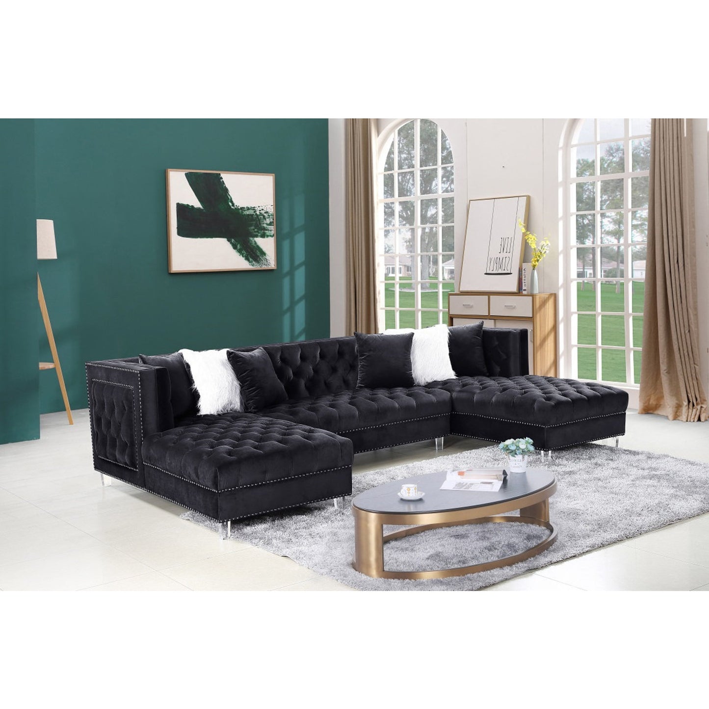 Grey/Blue/Black Velvet Sofa Sectional With 2 Chaises